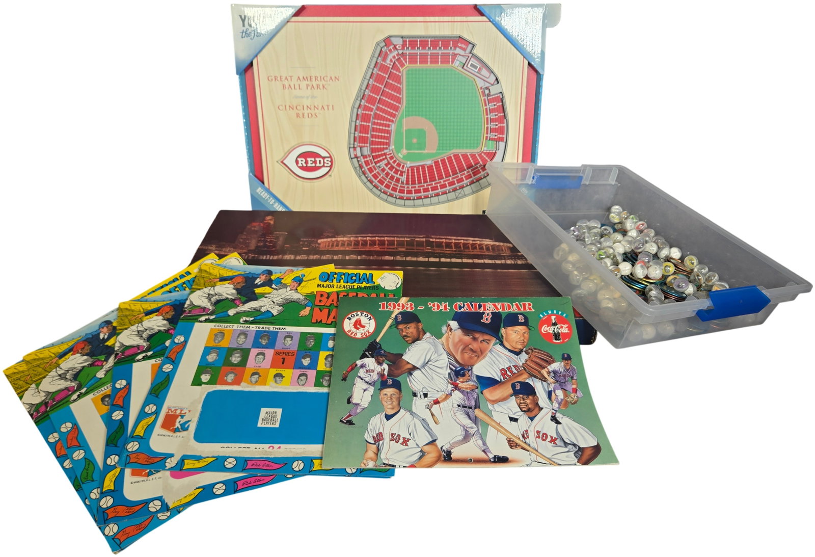 A Collection of Baseball Memorabilia and Regional Items Including 3D Stadium Replica, Vintage Board: This collection features a variety of sports and regional collectibles. The first item is a 3D layered stadium replica of the Great American Ball Park, home of the Cincinnati Reds, manufactured by You