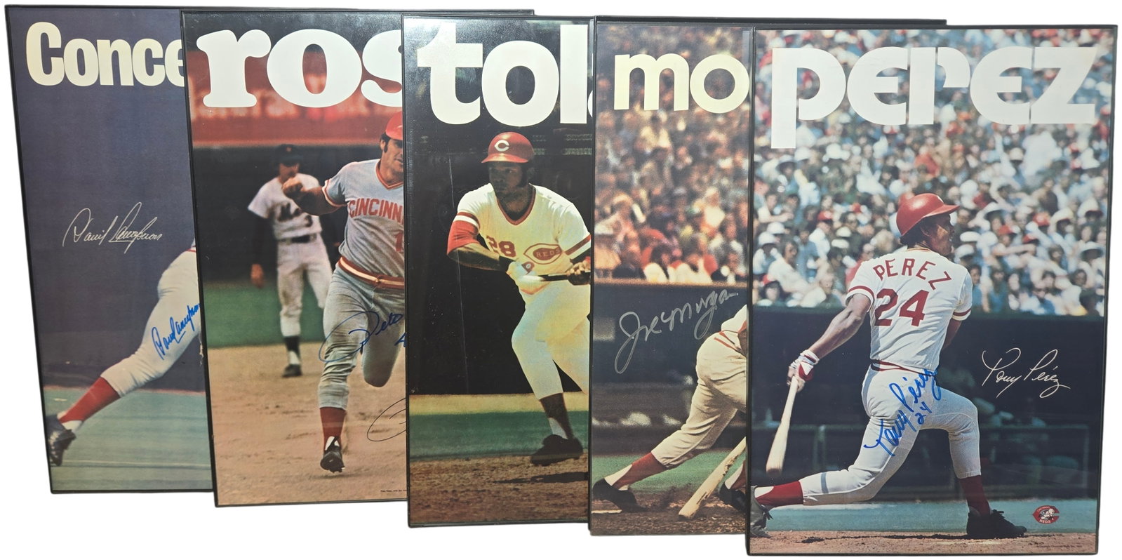 A Set of Framed Autographed Cincinnati Reds Big Red Machine Vintage Posters: This set of vintage lithograph posters features prominent members of the Cincinnati Reds during the Big Red Machine era of the 1970s. The group includes posters for Pete Rose, Joe Morgan, Tony Perez,