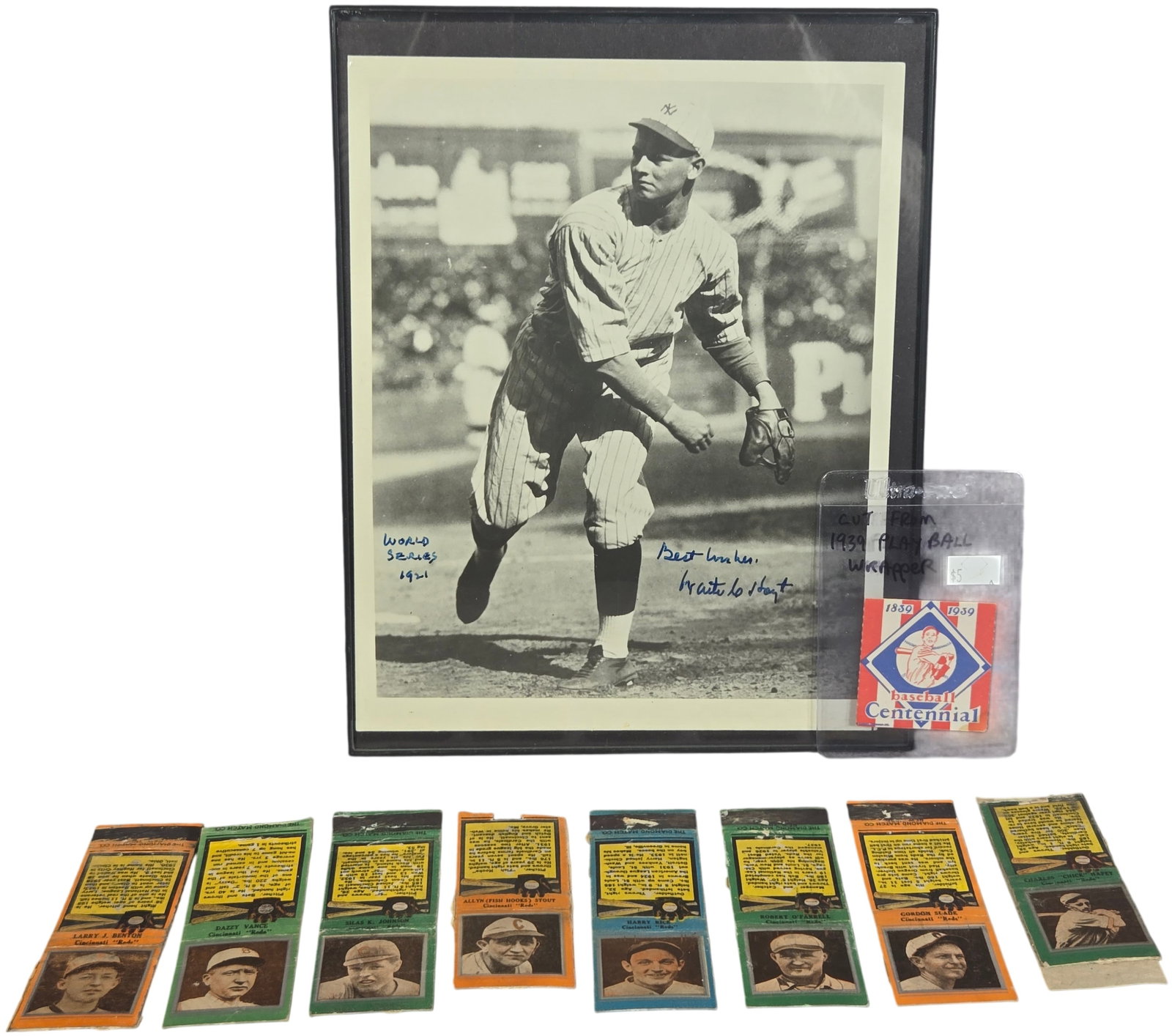 A Collection of Vintage Baseball Memorabilia Including Signed Waite Hoyt Photograph and 1934 Diamond: A collection of vintage baseball memorabilia featuring items from the 1920s and 1930s. The centerpiece is a black and white 8x10 photograph of Hall of Fame pitcher Waite Hoyt in a New York Yankees