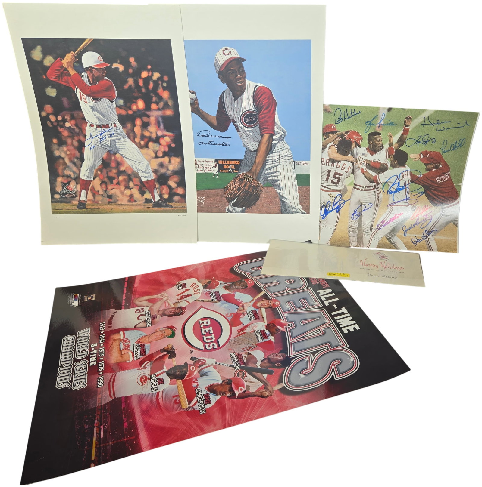 A Collection of Cincinnati Reds Autographed Memorabilia and Team Prints: This collection celebrates the history of the Cincinnati Reds franchise through a group of signed items and commemorative prints. The lot includes a multi-signed high-gloss color photograph depicting
