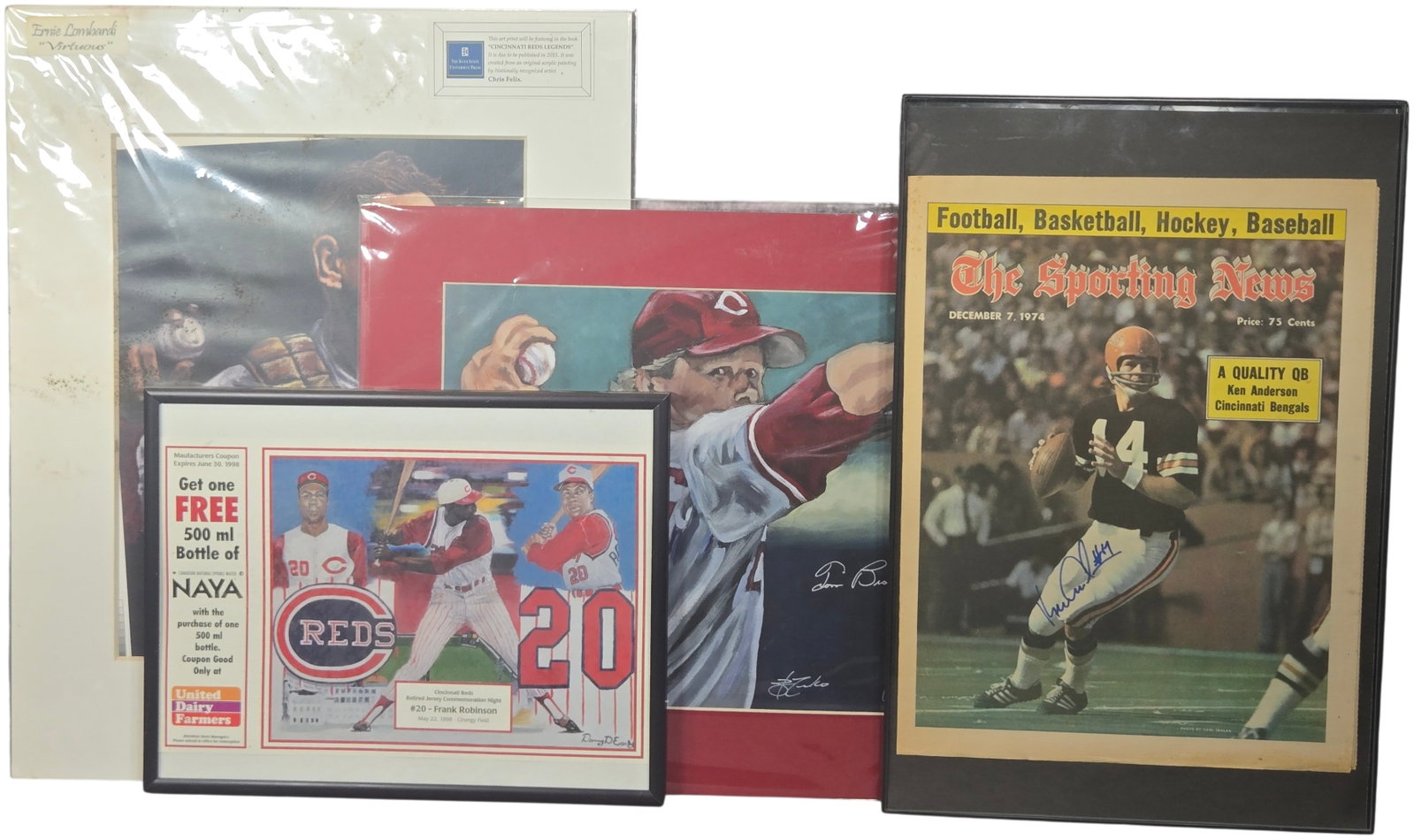 A Group of Cincinnati Sports Memorabilia Including Signed Items and Art Prints: This group of sports memorabilia items focuses on legendary figures from the Cincinnati Bengals and Cincinnati Reds. The collection includes a framed magazine cover, a framed commemorative print, and 