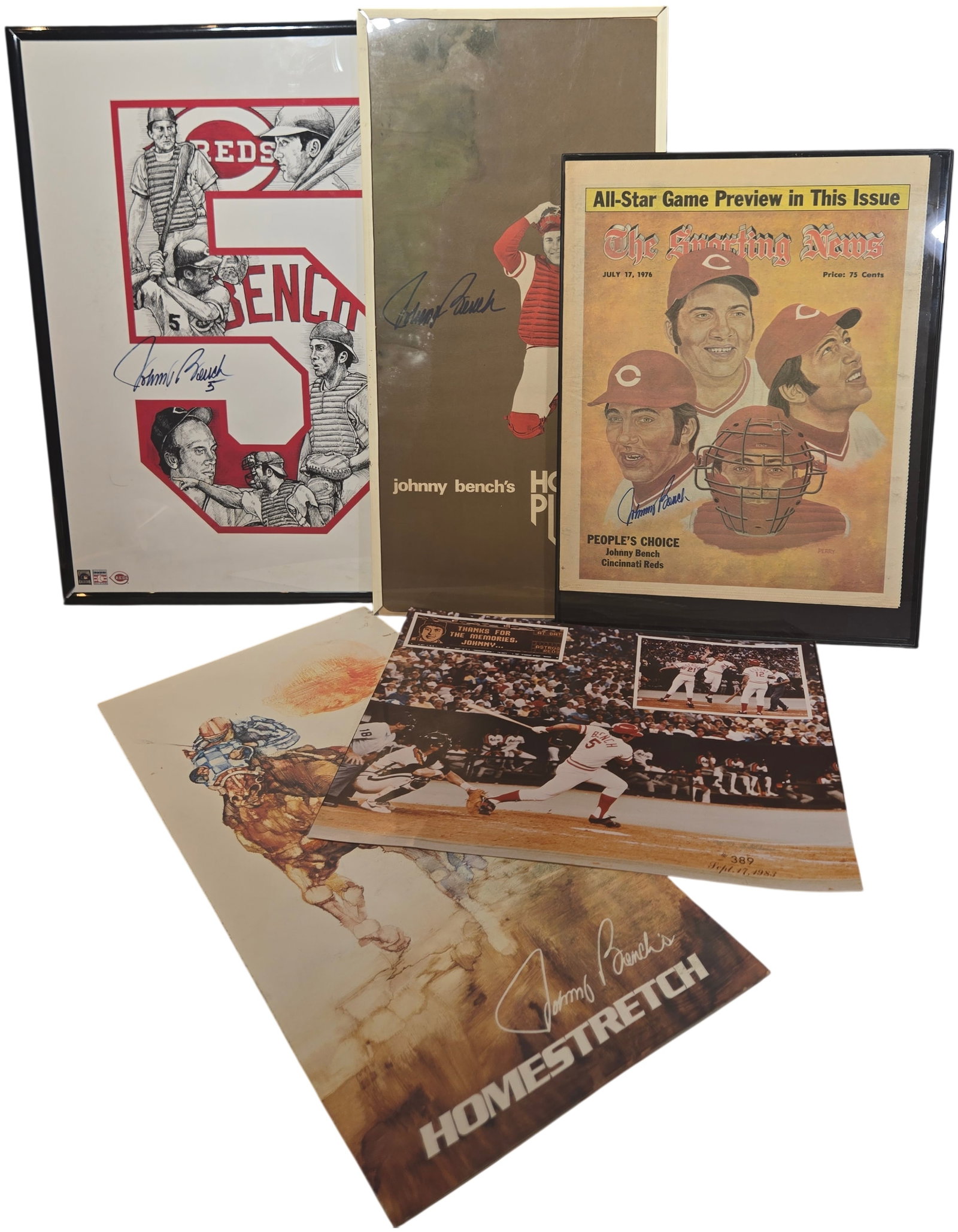 A Collection of Johnny Bench Cincinnati Reds Memorabilia Items Including Signed Ephemera: This lot features a group of items related to National Baseball Hall of Fame catcher Johnny Bench, primarily focusing on his career with the Cincinnati Reds. The collection includes both framed
