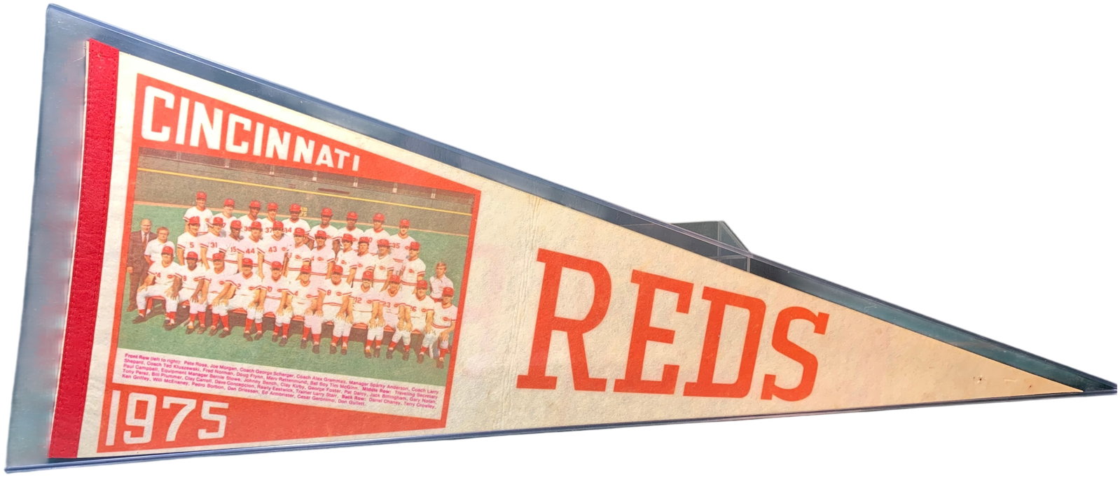 Vintage 1975 Cincinnati Reds Team Picture Souvenir Pennant: This is a vintage souvenir felt pennant commemorating the 1975 Cincinnati Reds team, known as the Big Red Machine. The item features a high-gloss, full-color team photograph printed on the left side,