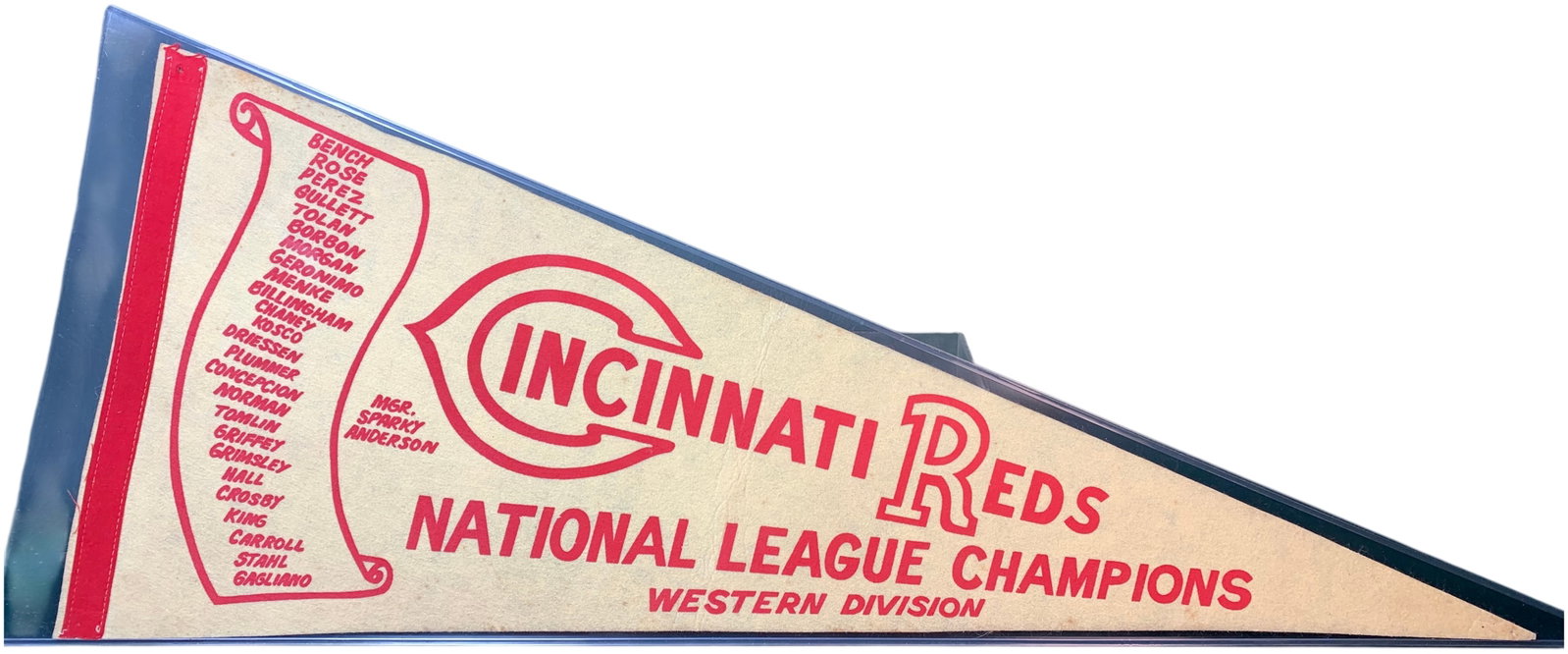 Vintage Cincinnati Reds National League Champions Western Division Full Size Felt Pennant: This is a vintage full-size baseball pennant for the Cincinnati Reds, commemorating their achievement as National League Western Division Champions. The piece is attributed to approximately 1973, as