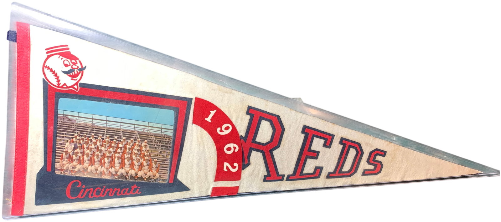 1962 Cincinnati Reds Baseball Pennant with Team Photo and Roster Key: A vintage souvenir baseball pennant for the Cincinnati Reds dating to the 1962 season. The pennant is constructed of off-white felt featuring screen-printed graphics in red and navy blue. The design i