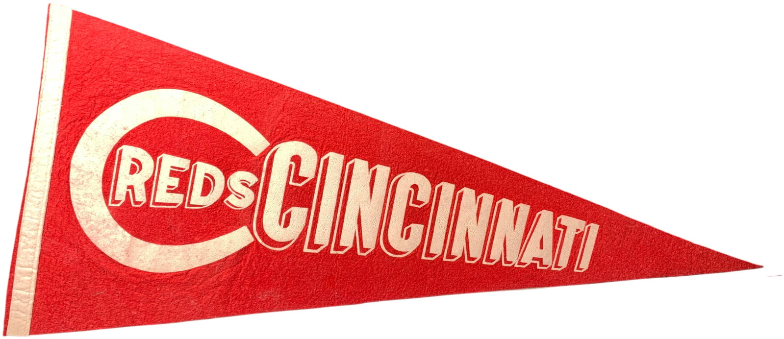 Vintage Cincinnati Reds Felt Baseball Pennant with 3D Drop Shadow Graphics: A vintage sports pennant for the Cincinnati Reds baseball team. The item is constructed from red felt with a white vertical hoist at the wide end. The graphics are silkscreened in white and include a 