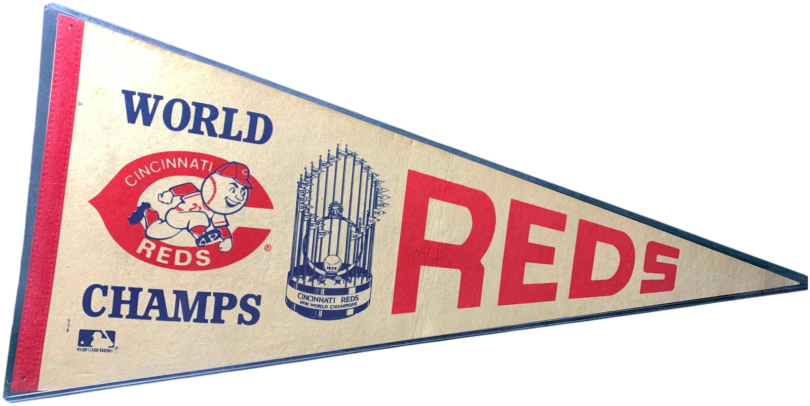 Vintage Cincinnati Reds 1976 World Series Championship Felt Pennant: This vintage full-sized pennant commemorates the Cincinnati Reds as the 1976 World Series Champions. The piece is constructed from off-white felt with screen-printed graphics in red and dark blue. The