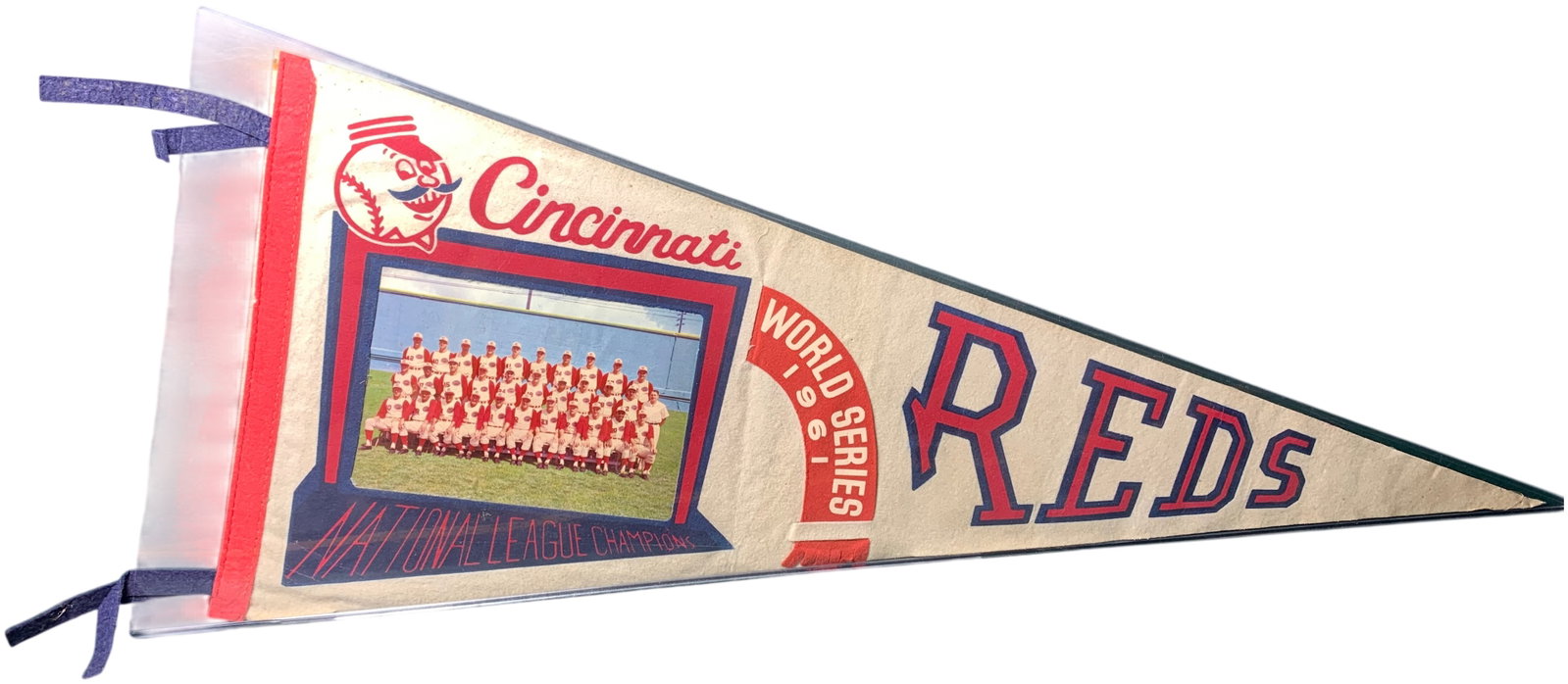 1961 Cincinnati Reds World Series Team Photo Felt Pennant: A vintage felt souvenir pennant commemorating the 1961 Cincinnati Reds World Series appearance, featuring a central team photograph and measuring approximately 30 inches long. Burns in-house shipping 