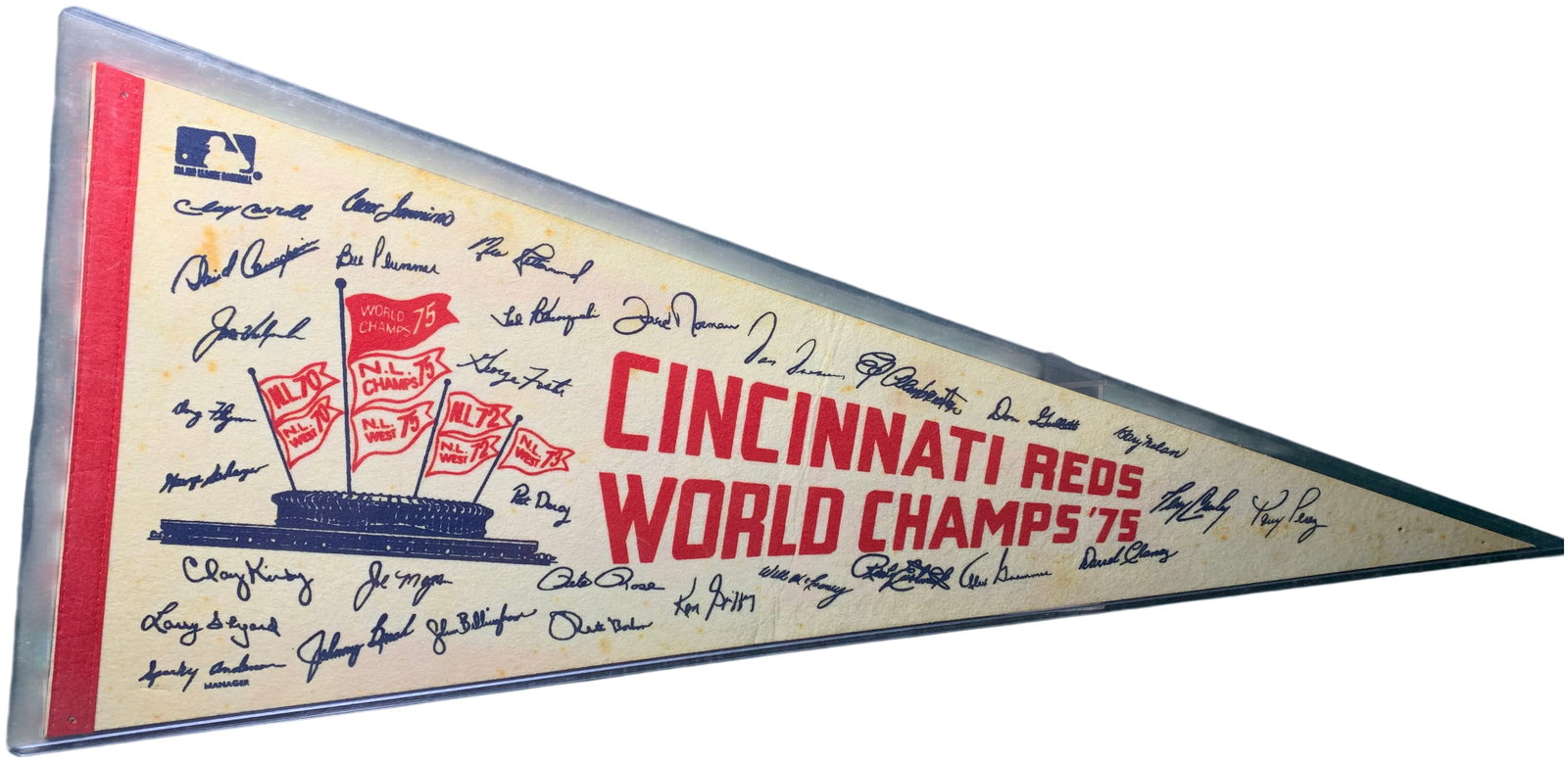 Vintage 1975 Cincinnati Reds World Series Champions Felt Pennant with Facsimile Signatures: A vintage triangular felt pennant commemorating the Cincinnati Reds 1975 World Series victory. The pennant features a printed graphic of Riverfront Stadium flying eight championship flags representing