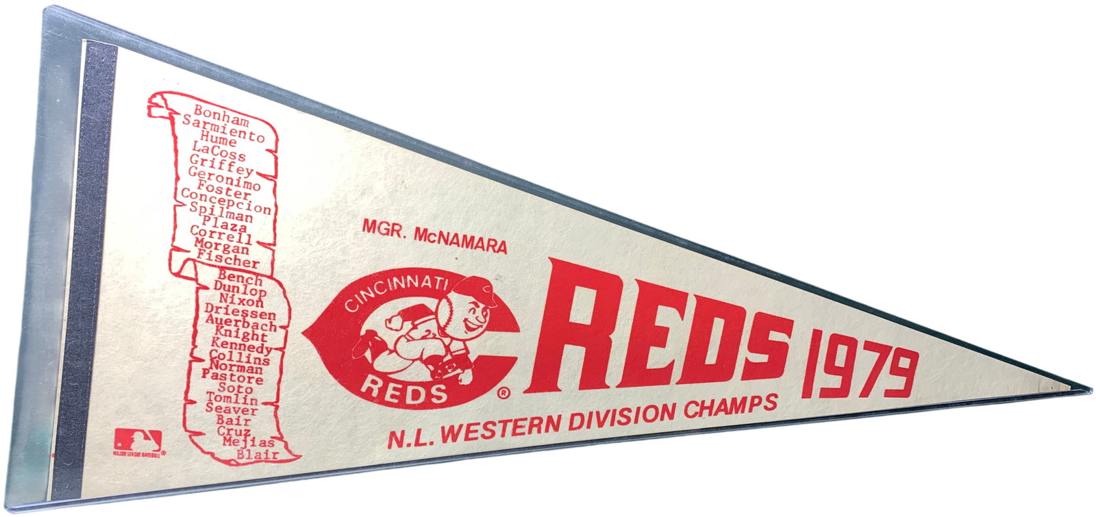1979 Cincinnati Reds N.L. Western Division Champions Felt Pennant: A vintage 1979 Cincinnati Reds National League Western Division Champions pennant. The item is constructed of white felt with screen-printed graphics in red and black. The central design features the 