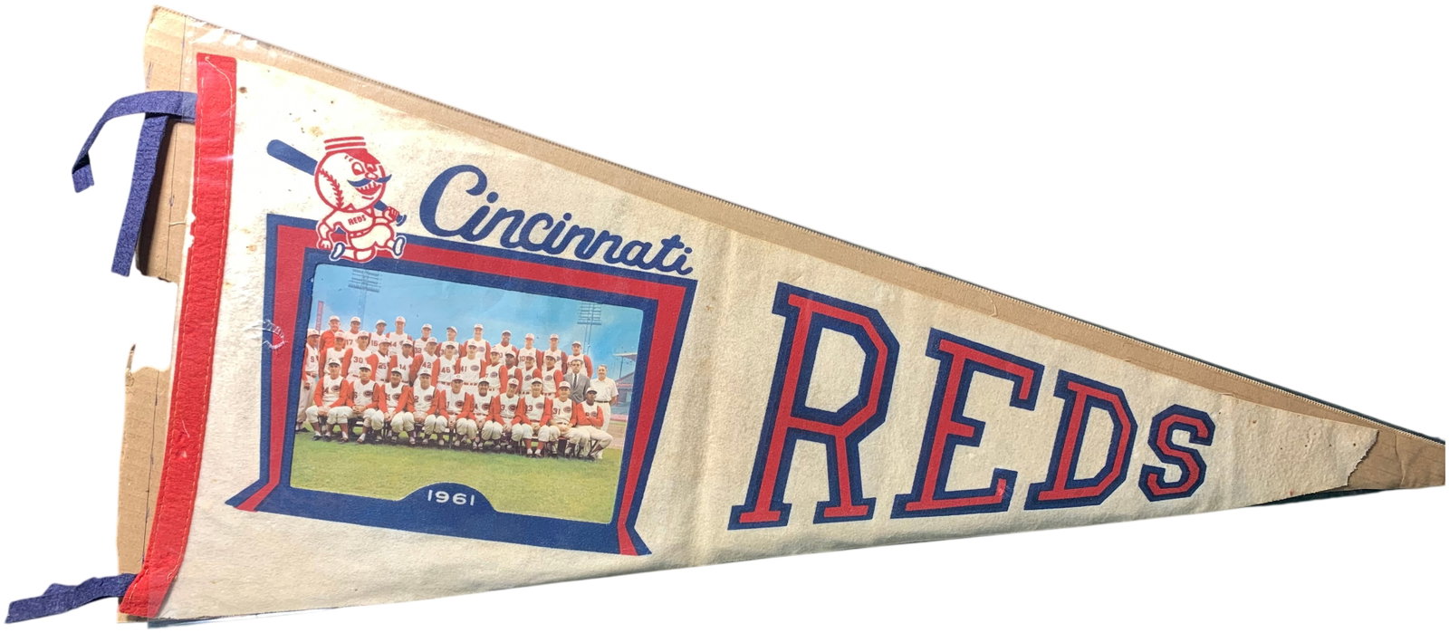 1961 Cincinnati Reds National League Champions Vintage Baseball Pennant with Team Photo: This vintage souvenir pennant commemorates the 1961 Cincinnati Reds baseball team. The item is constructed of white felt featuring multi-color screen-printed graphics. To the left is an illustration o