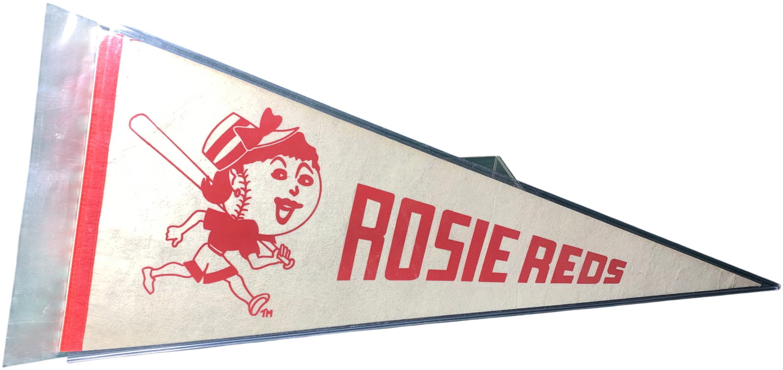 Vintage Rosie Reds Cincinnati Reds Baseball Souvenir Pennant: This vintage souvenir pennant is associated with the Rosie Reds, a fan organization for the Cincinnati Reds baseball team founded in 1964. The item is constructed of cream-colored felt featuring red s
