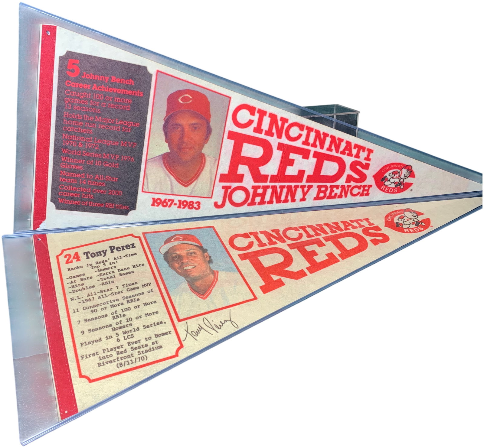 A Pair of Vintage Cincinnati Reds Commemorative Baseball Pennants Featuring Johnny Bench and Tony (1 of 7)