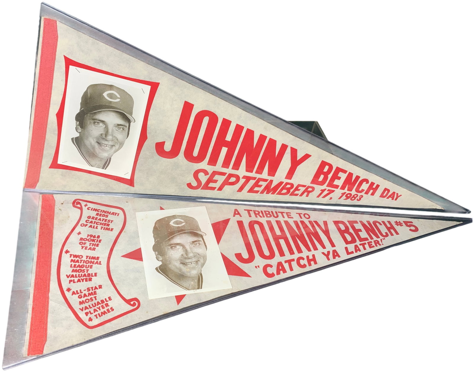 A Pair of Vintage Cincinnati Reds Johnny Bench Souvenir Pennants: A pair of vintage souvenir pennants produced for the Cincinnati Reds honoring Hall of Fame catcher Johnny Bench. The first pennant commemorates Johnny Bench Day on September 17, 1983, produced during 