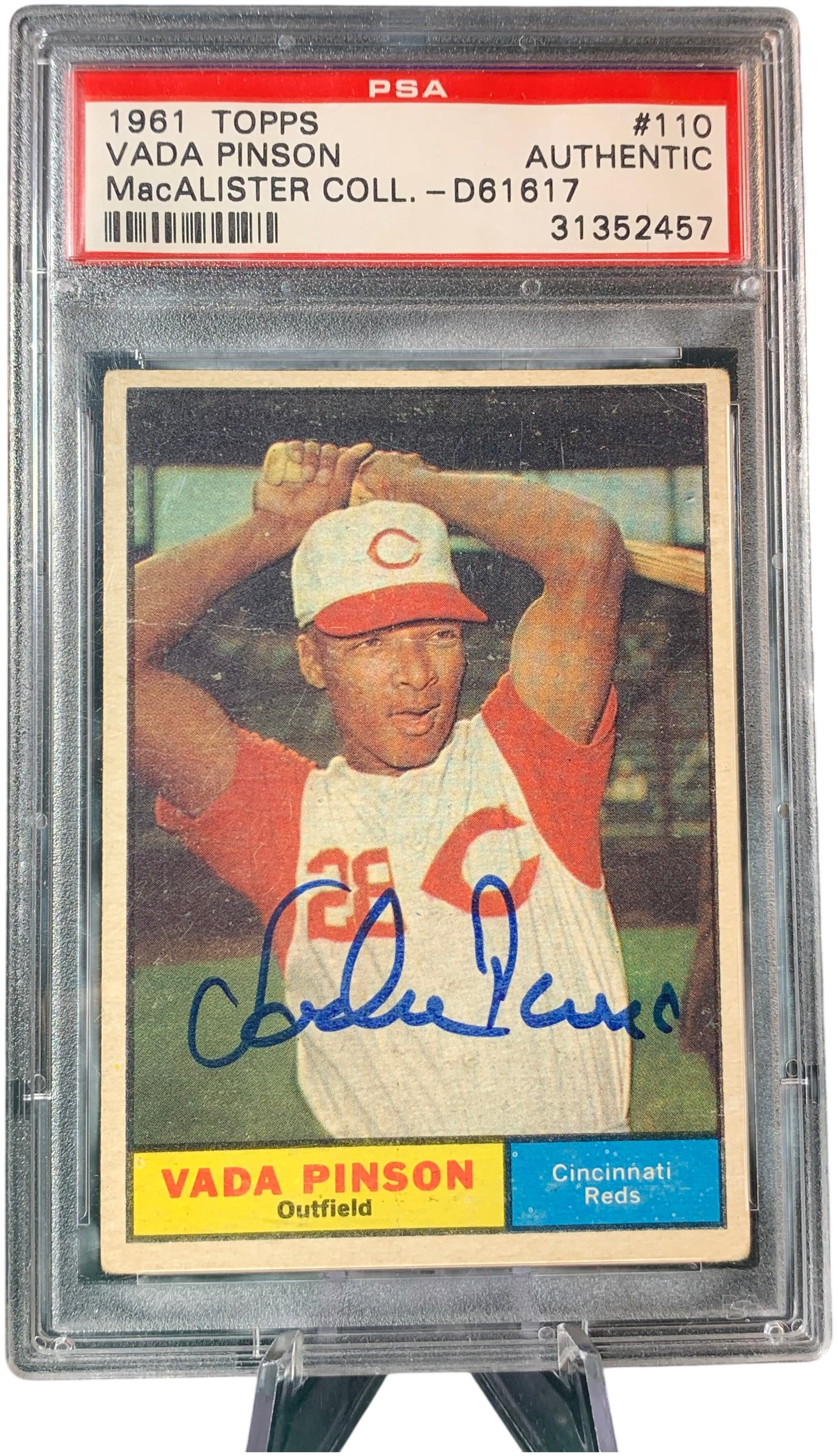1961 Topps #110 Vada Pinson Autographed Baseball Card PSA Authentic: A 1961 Topps baseball card, number 110, featuring Vada Pinson of the Cincinnati Reds. The card is hand-signed by the player in blue ink across his jersey on the front. This item is professionally enca