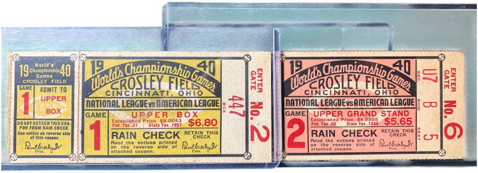 A Pair of 1940 World Series Tickets Games 1 and 2 Cincinnati Reds vs Detroit Tigers: A pair of original tickets for the 1940 World's Championship Games (World Series) held at Crosley Field in Cincinnati, Ohio. The matchups feature the National League champion Cincinnati Reds against t