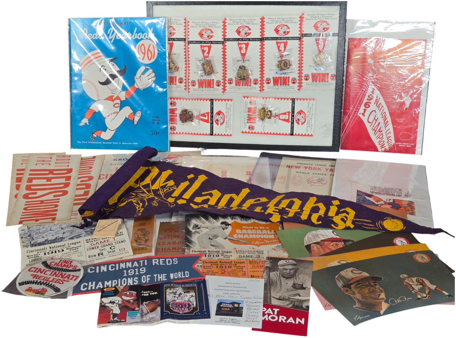 A Collection of Cincinnati Reds and Baseball Memorabilia Including Signed Items and 1993: This collection of baseball memorabilia focuses primarily on the Cincinnati Reds and is anchored by a framed 1993 Cincinnati Reds Collect-A-Pin series. The set includes a group of commemorative pins d
