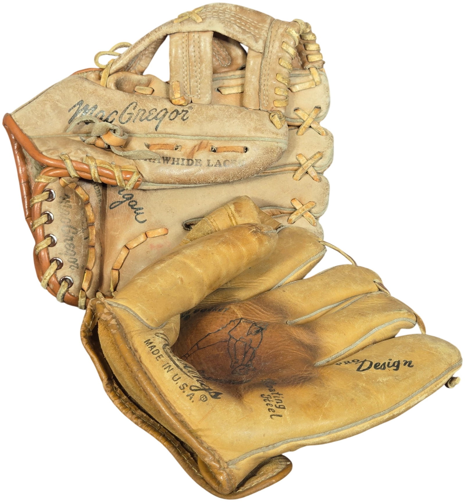 Vintage Fielder's Baseball Gloves Featuring Rawlings RJ A group of Rex Grammas and MacGregor Joe: This lot features vintage leather baseball gloves produced by American manufacturers Rawlings and MacGregor. The first item is a Rawlings RJ 15 model fielder's glove designed for a right-handed throwe