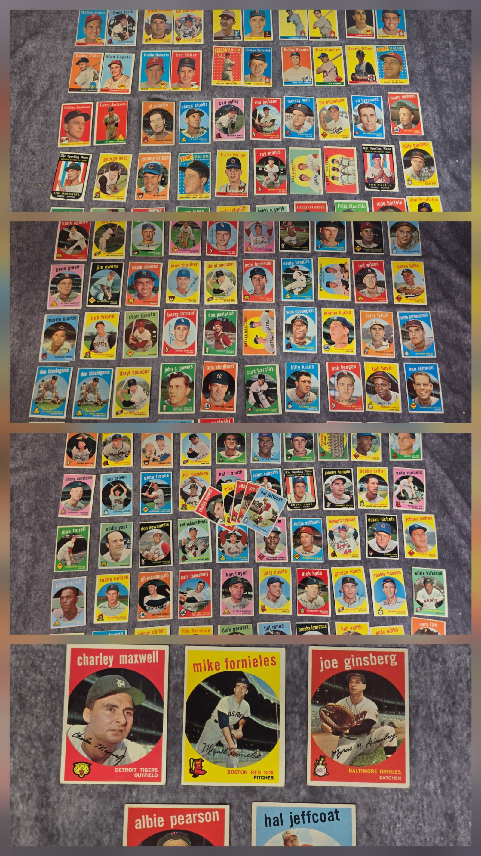 A Collection of 1959 Topps Baseball Cards: This group consists of approximately 185 vintage baseball cards from the 1959 Topps series. The set is noted for its diverse design elements, including portrait cards within circular frames and tradit