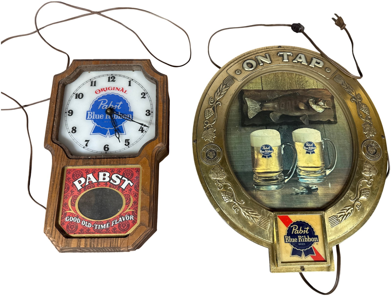 Vintage Pabst Blue Ribbon Beer Advertising Wall Displays: This lot features two vintage Pabst Blue Ribbon (PBR) advertising pieces manufactured in Chicago, Illinois, dating to the mid-20th century. The first item is an electric wall clock produced by Kotler 