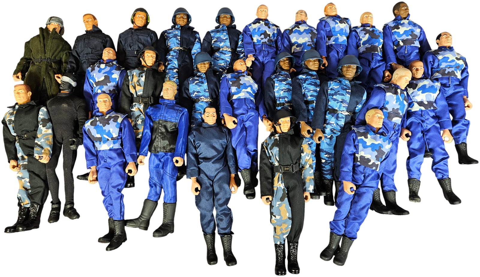 A Collection of 19 Military-Themed 1/6 Scale Action Figures in the Style of Power Team Elite: A collection of 19 military-themed 1/6 scale action figures, in the style of the Power Team Elite line by M&C Toy Center. Each figure is constructed with an articulated plastic body and dressed in rem