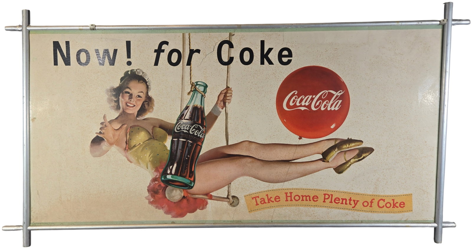 Rare 1959 Coca-Cola Girl on Swing Large Cardboard Store Display Sign in Aluminum Frame (1 of 9)