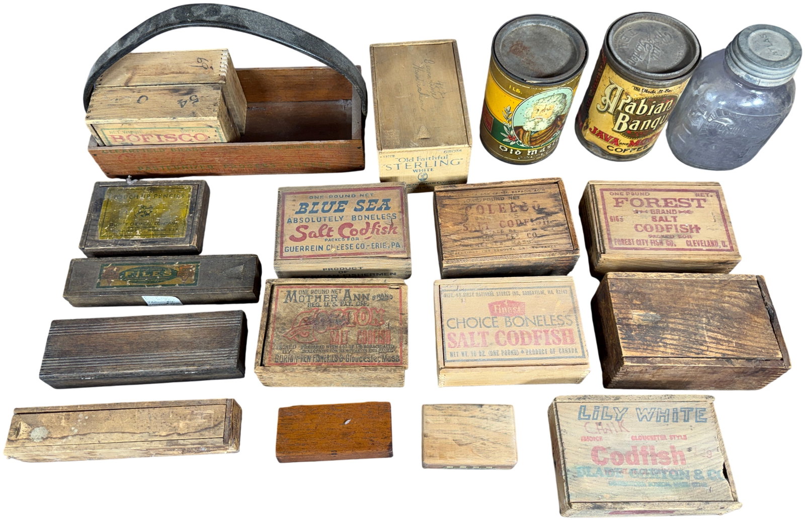 An Assortment of Vintage Advertising Containers including Salt Codfish Boxes, Coffee Tins, and Glass (1 of 18)