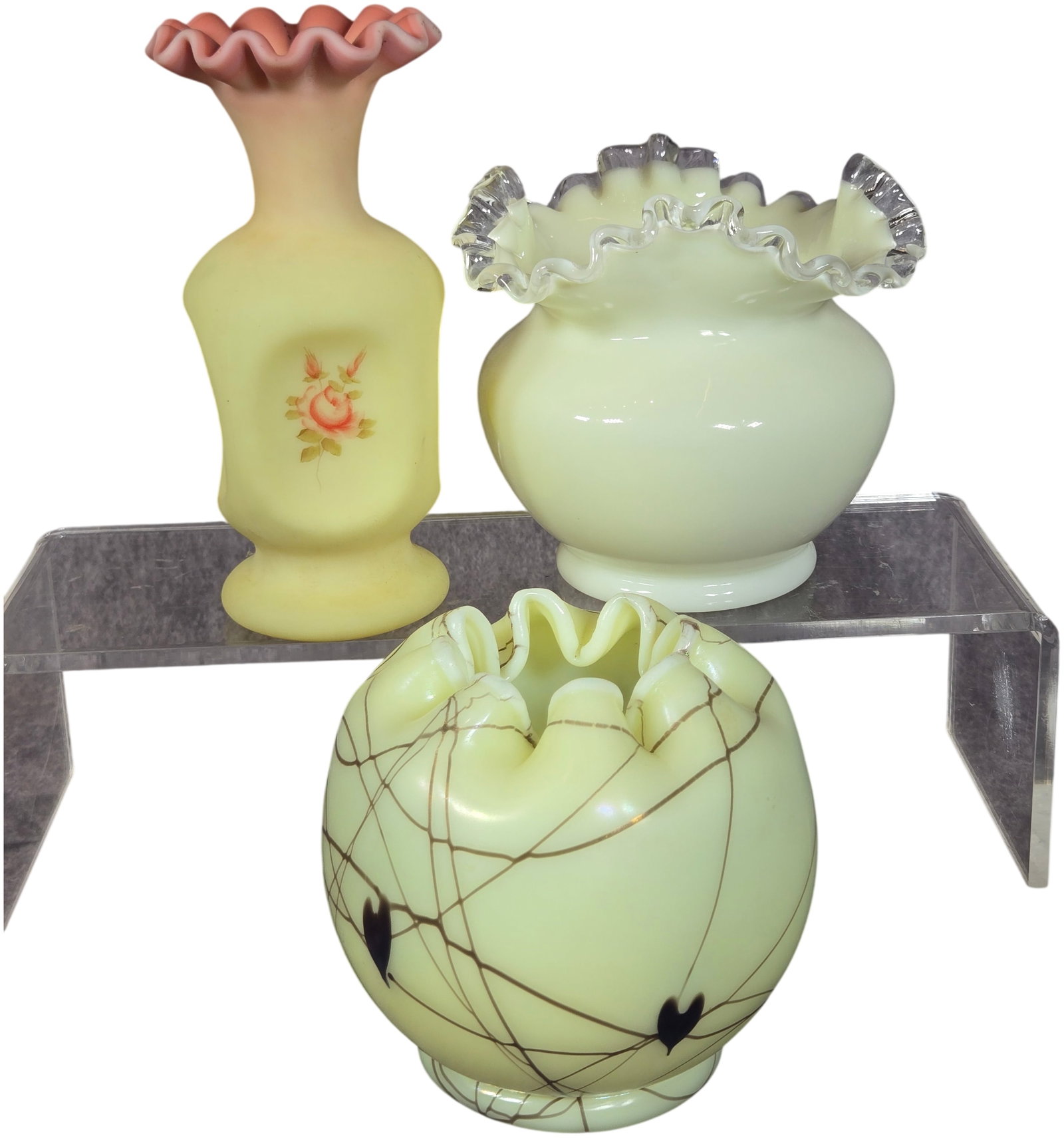 A Trio of Fenton Art Glass Custard Uranium Glass Vases and Bowl (1 of 14)