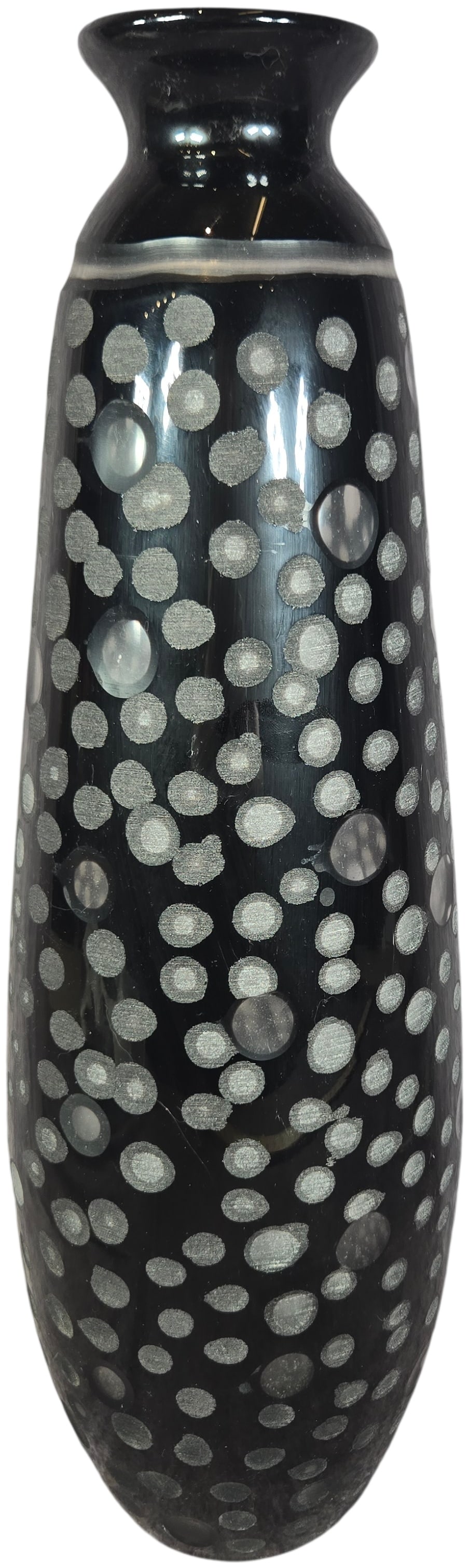 Large Modernist Hand-Blown Black Art Glass Vase with Silver Metallic Spotted Pattern: This large-scale hand-blown art glass vase is crafted from opaque black glass. The vessel features a tapered form with a flared funnel-shaped rim and a constricted neck. The exterior body is decorated