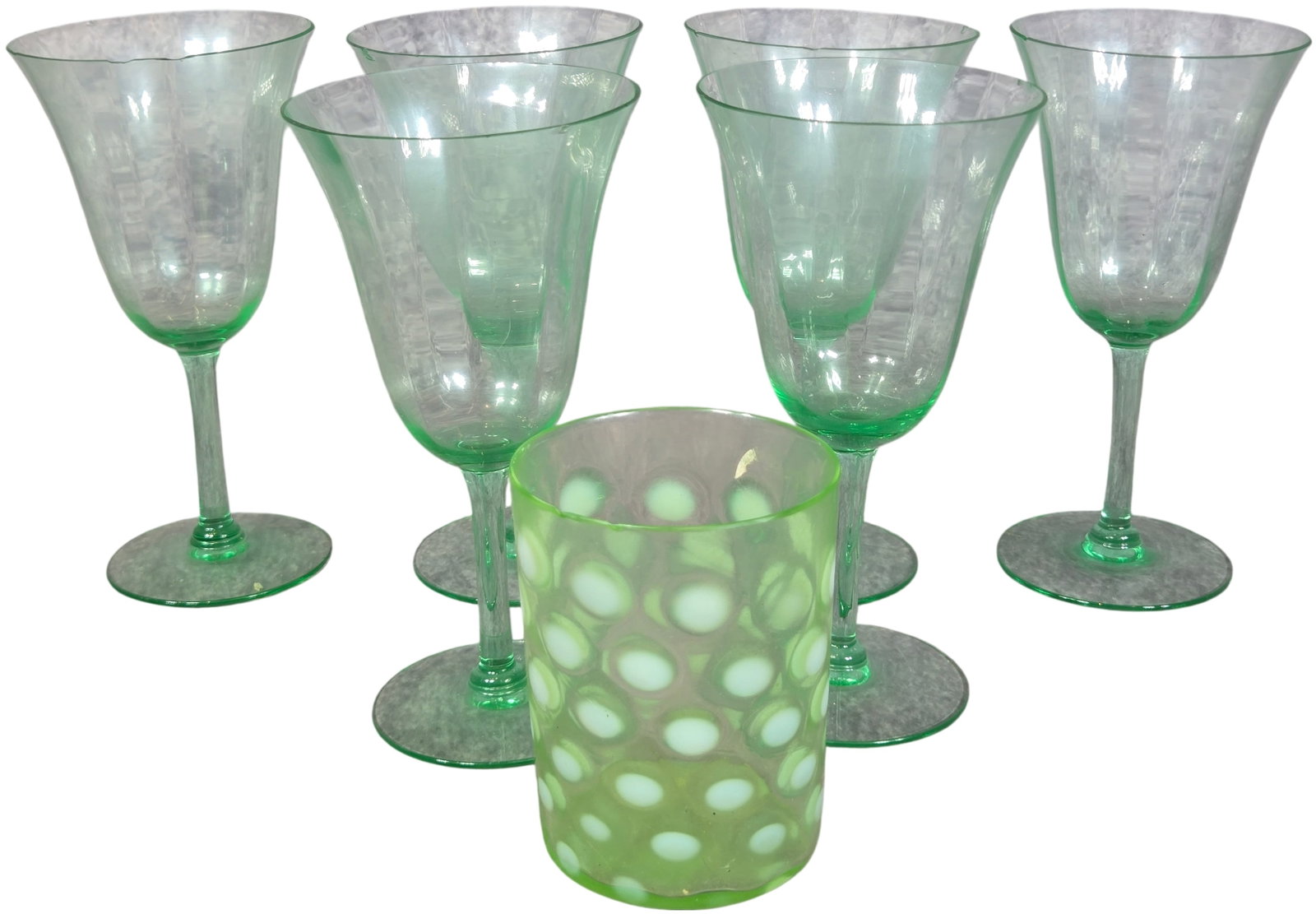 A Set of Green Uranium Depression Glass Stemmed Goblets and An Opalescent Coin Spot Tumbler (1 of 7)