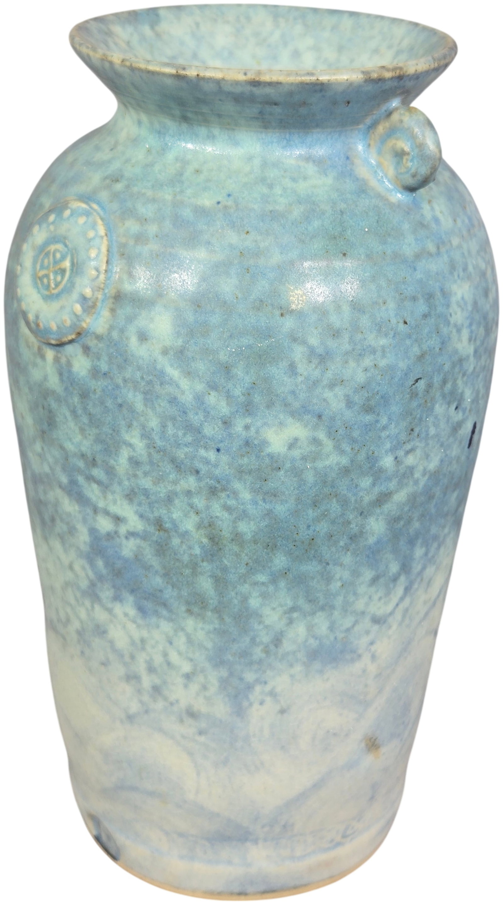 Mottled Blue Studio Pottery Vase with Applied Medallion (1 of 6)