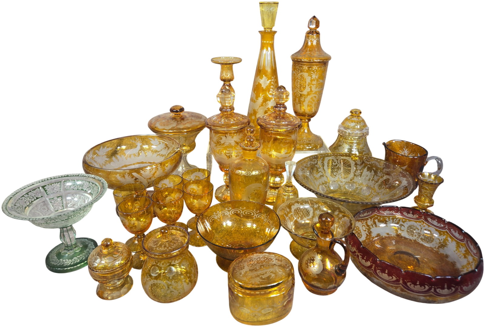 A Large Collection of Bohemian Style Amber Stained and Etched Decorative Glassware (1 of 12)