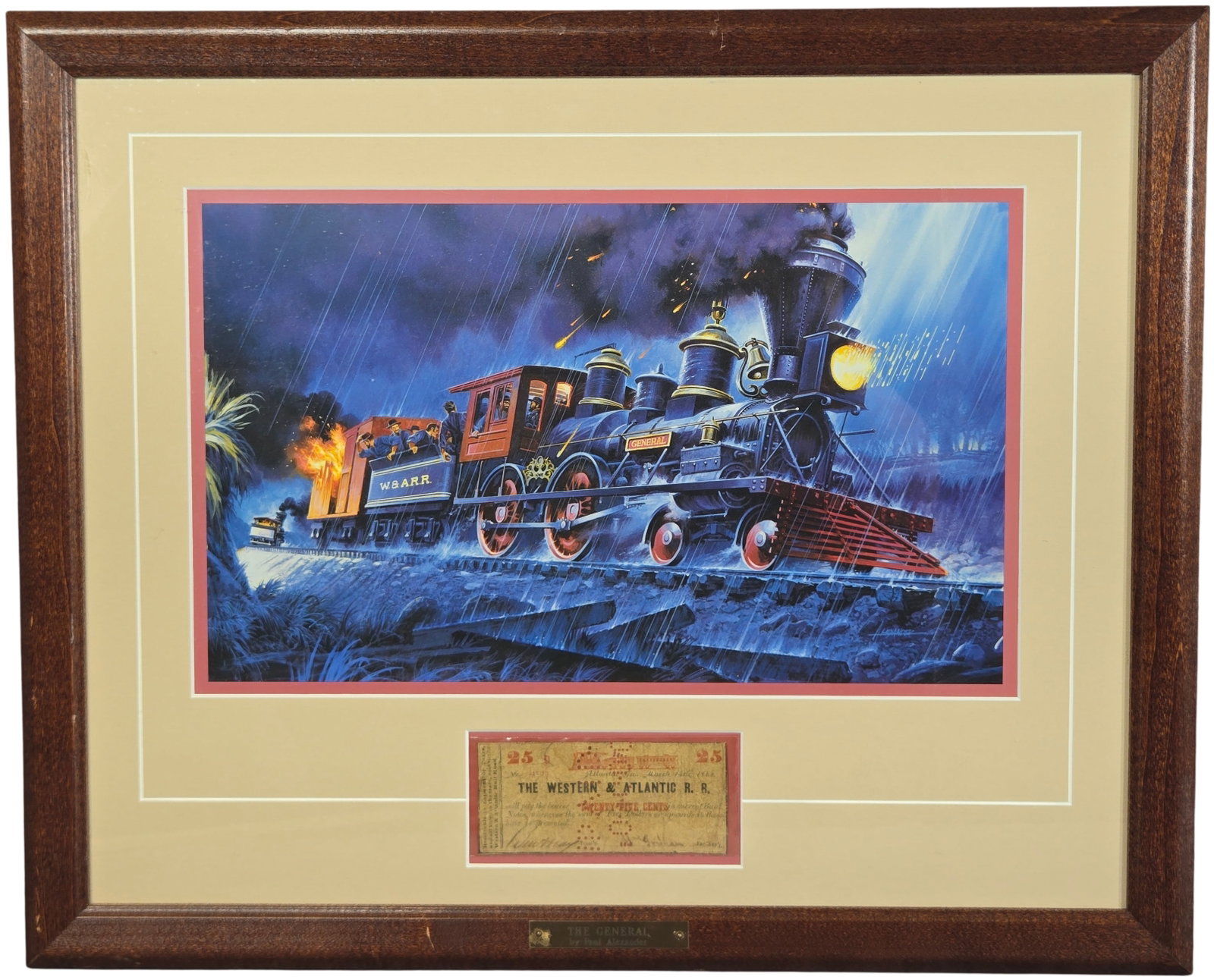 Paul Alexander The General Framed Print with 1862 Western and Atlantic Railroad Scrip: This commemorative framed display features an offset lithograph titled The General by artist Paul Alexander, depicting the historic steam locomotive in a rain-swept night scene. Inset below the main i