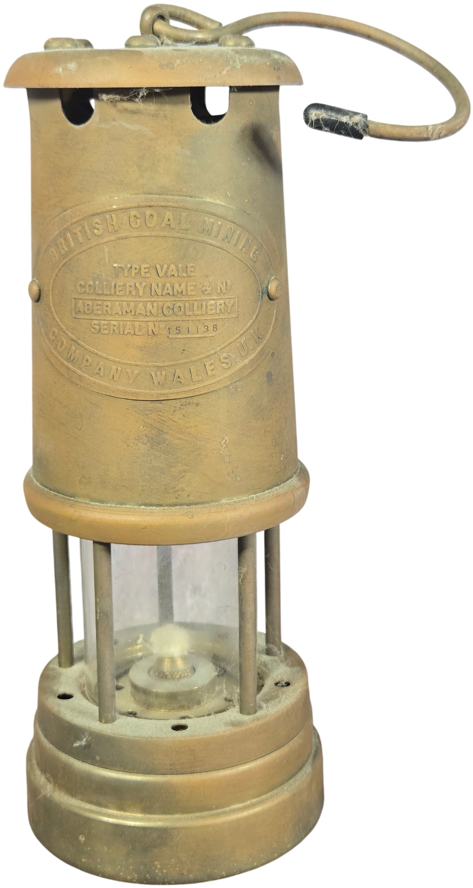 British Coal Mining Company Type Vale Brass Miner's Safety Lamp, Aberaman Colliery (1 of 5)