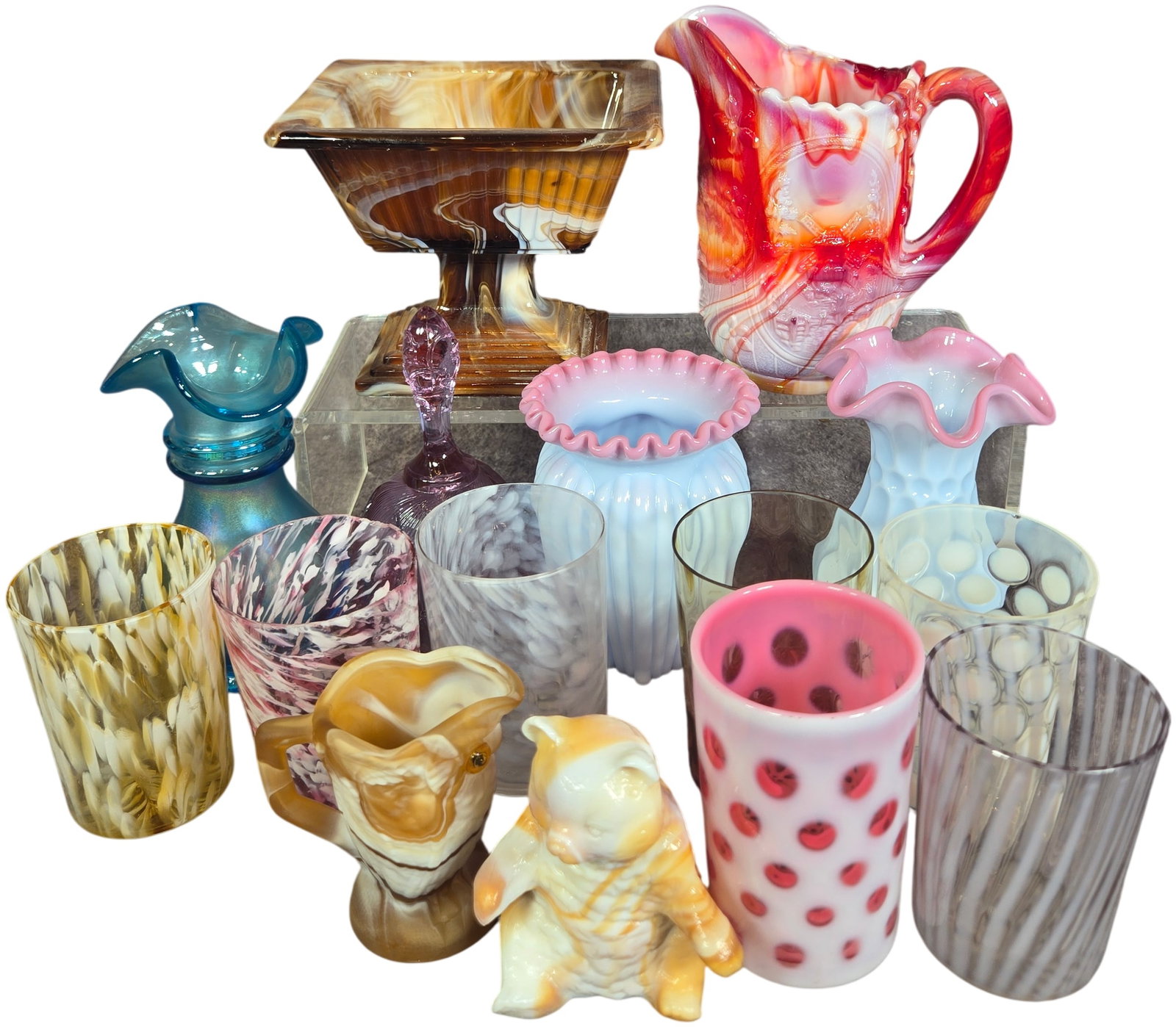An Assortment of Pieces of Fenton, Imperial, and American Decorative Art Glass (1 of 16)