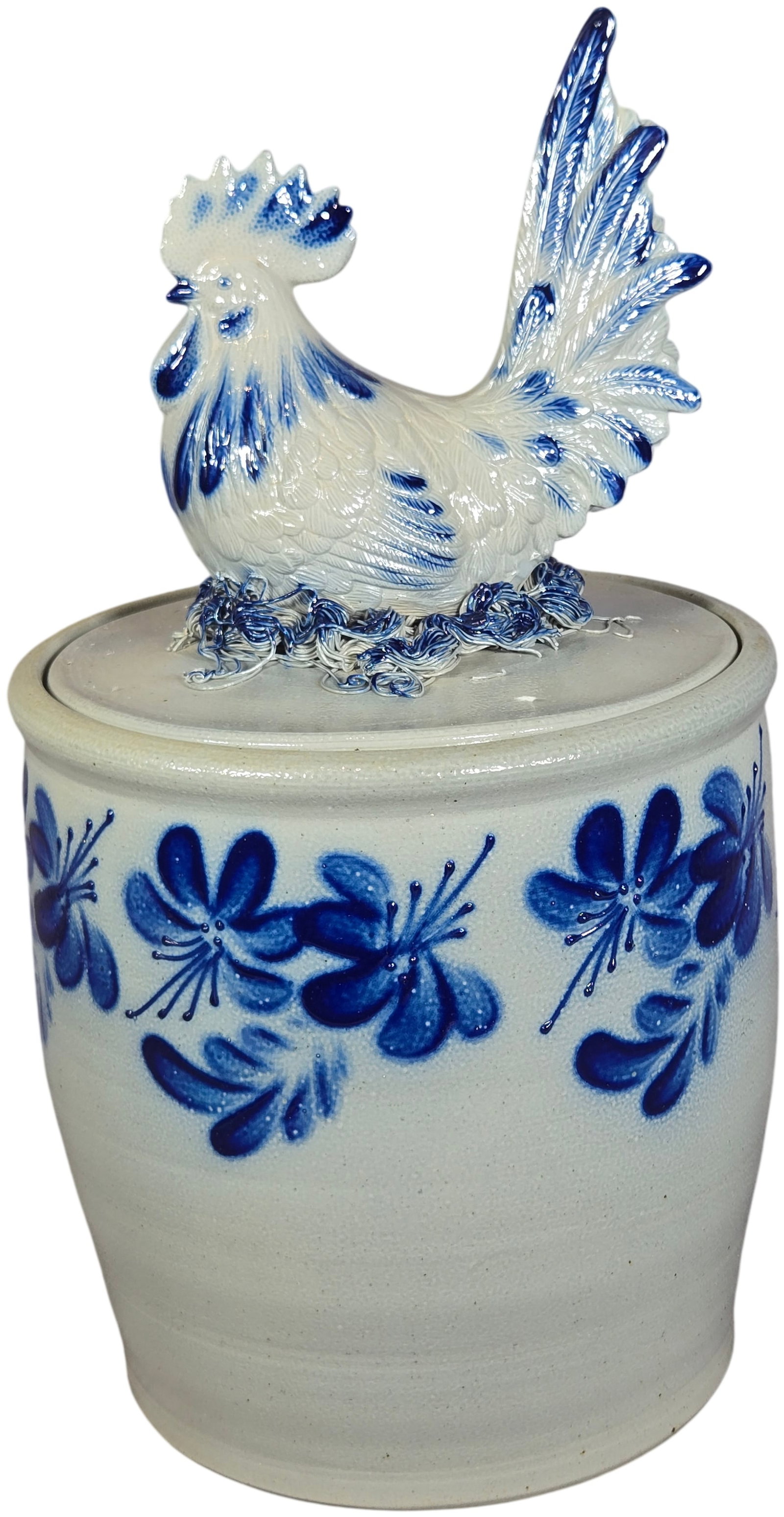 Eldreth Pottery Salt-Glazed Stoneware Lidded Jar with Rooster Finial, 1997: This is a salt-glazed stoneware lidded jar or crock produced by Eldreth Pottery in Oxford, Pennsylvania. The vessel features a cylindrical body with a slightly tapering base and a recessed rim to acco