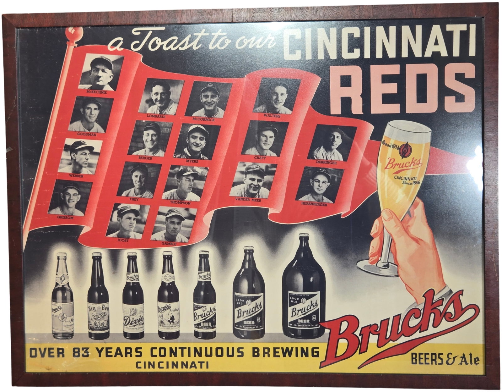 Framed Bruck's Beers & Ale Cincinnati Reds 1939-1940 Baseball Team Advertisement (1 of 7)