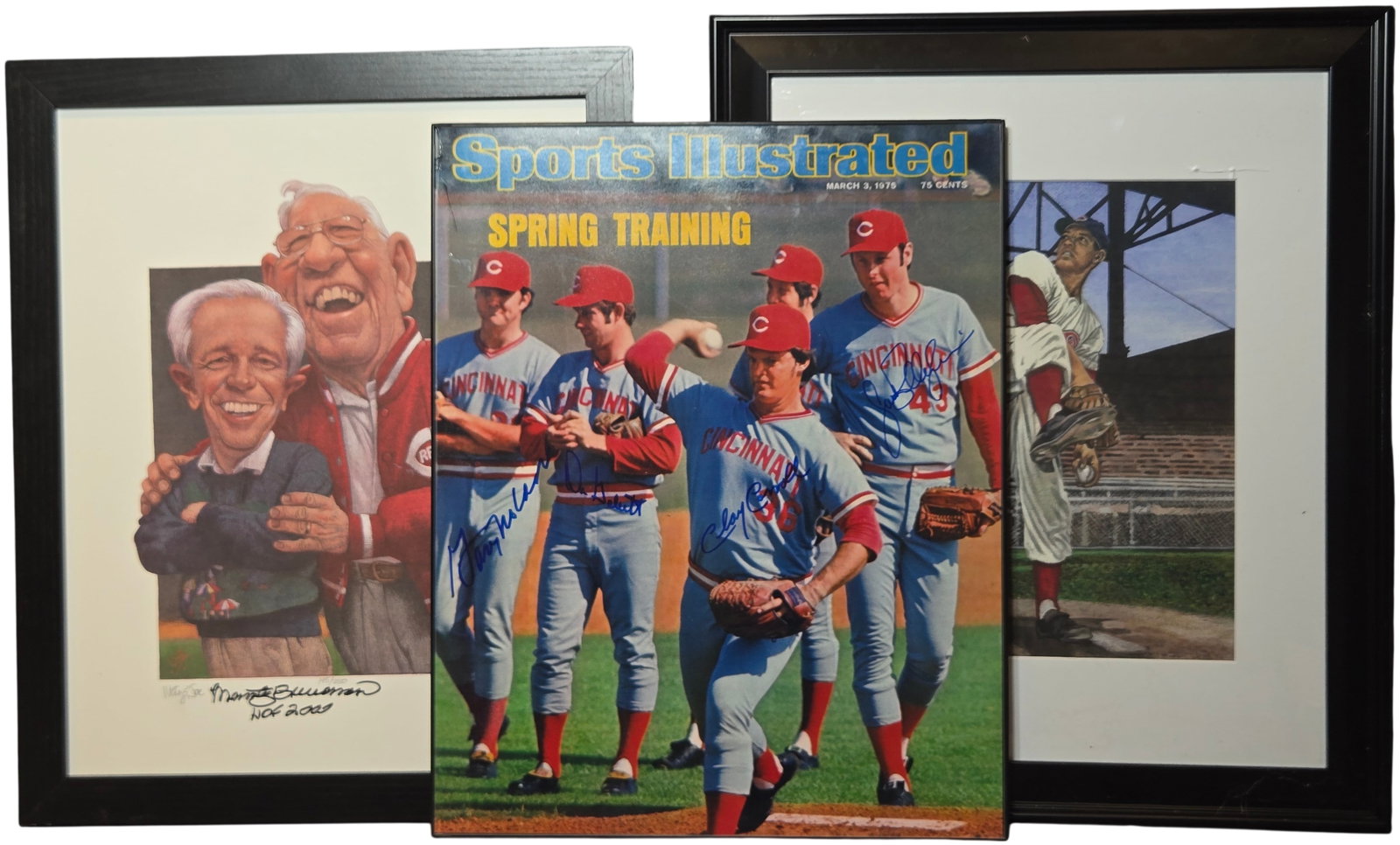 A Trio of Cincinnati Reds Memorabilia Featuring Signed Art Prints and Sports Illustrated Magazine: This lot consists of pieces of Cincinnati Reds baseball memorabilia, including framed art prints and a signed magazine. The first item is a limited edition caricature print by artist Chris Felix, numb