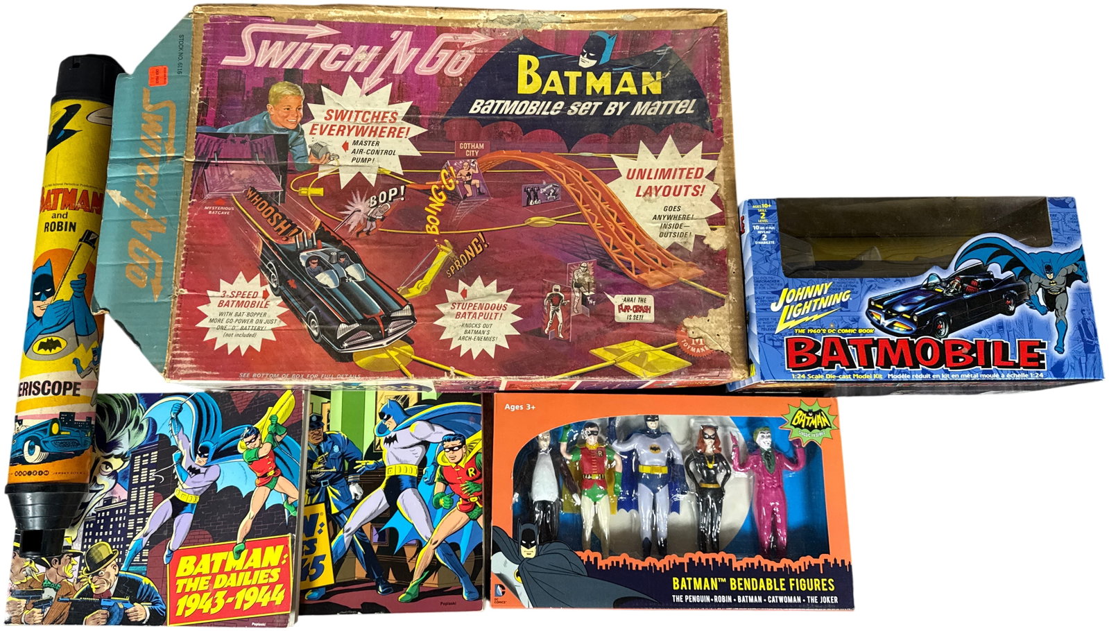 A Group of Vintage and Modern Batman Collectibles Including 1966 Mattel Switch 'n Go Batmobile Set (1 of 18)