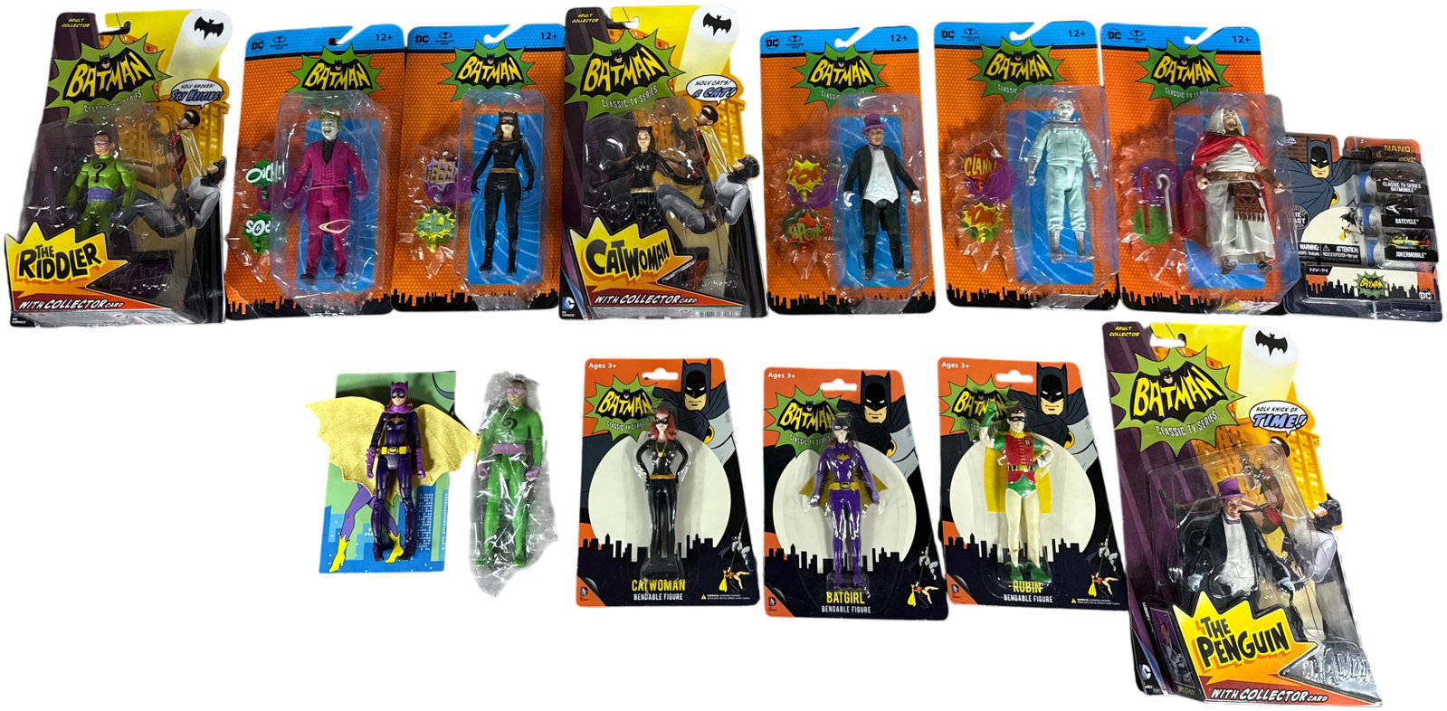 A Collection of Batman Classic TV Series Action Figures and Vehicles by McFarlane Toys, NJ Croce,: This lot consists of an assortment of collectibles based on the 1966 Batman Classic TV Series. The group features several 6-inch scale articulated action figures from the McFarlane Toys DC Retro line,