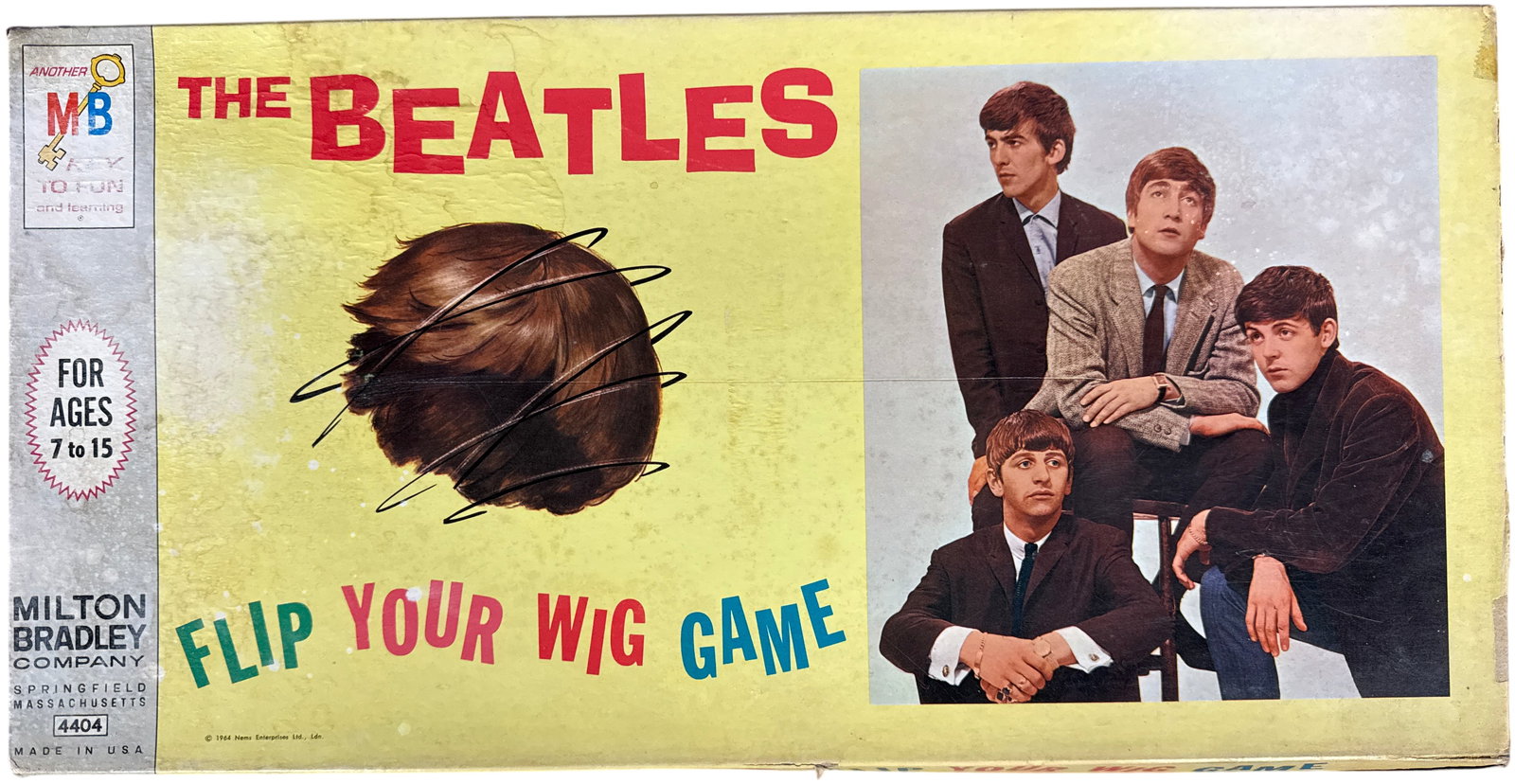 Vintage 1964 Milton Bradley The Beatles Flip Your Wig Board Game: A vintage 1964 board game titled The Beatles Flip Your Wig, manufactured by the Milton Bradley Company in Springfield, Massachusetts. The box lid features a color group portrait of band members John L