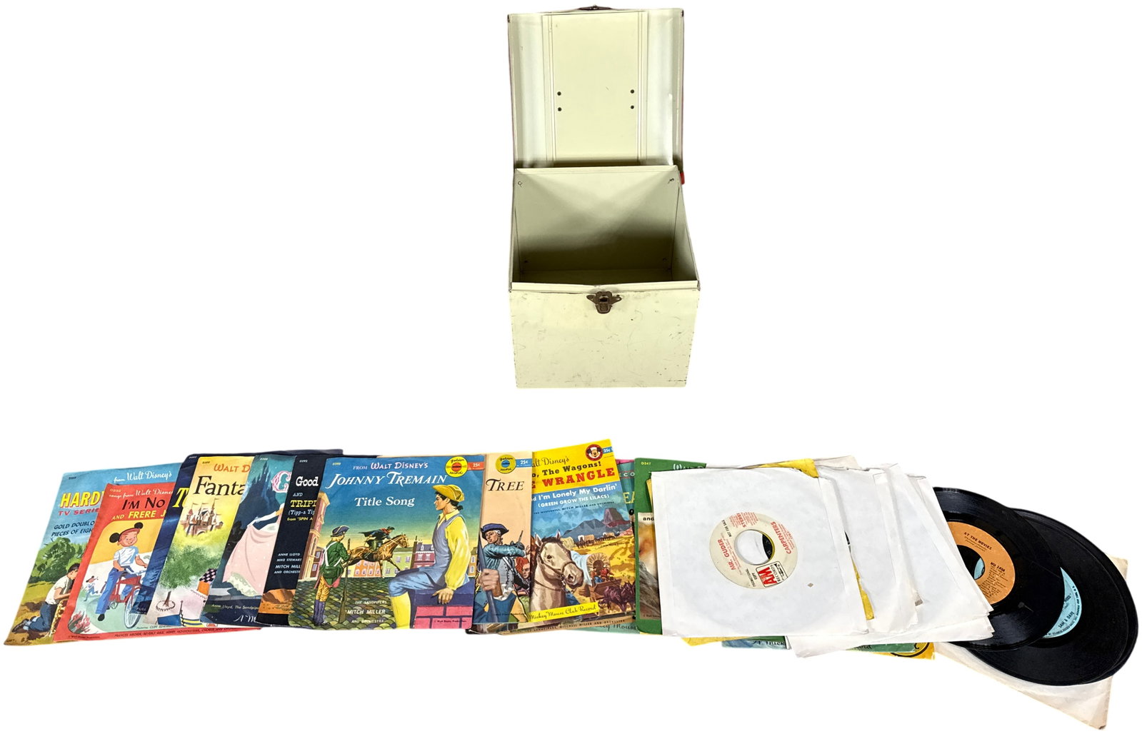 Collection of Walt Disney Golden Records and Assorted 45-RPM Singles with Vintage Metal Carrying: This lot consists of a collection of 45-RPM vinyl records accompanied by a portable metal storage case. The collection includes a group of Walt Disney illustrated Golden Records from the Official Mick