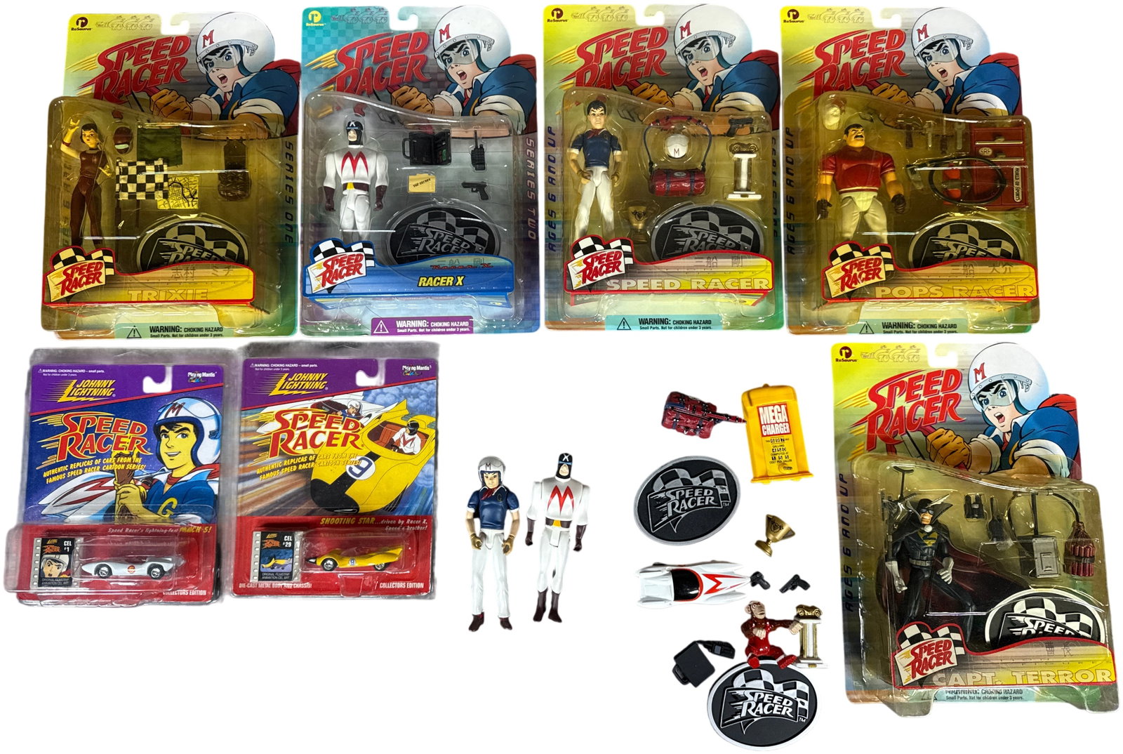 An Assortment of Speed Racer Action Figures and Die-Cast Vehicles by ReSaurus and Johnny Lightning: This collection features an assortment of action figures and die-cast vehicles based on the Speed Racer (Mach GoGoGo) animated series, dating from the late 1990s. The lot includes a group of carded ac