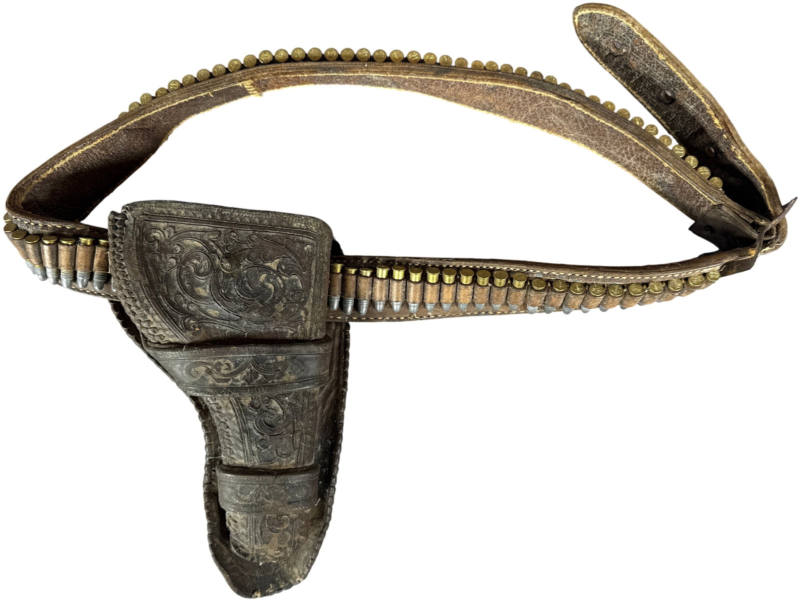 Antique Mexican Double Loop Tooled Leather Gun Belt and Holster with.22 Caliber Ammunition (1 of 8)