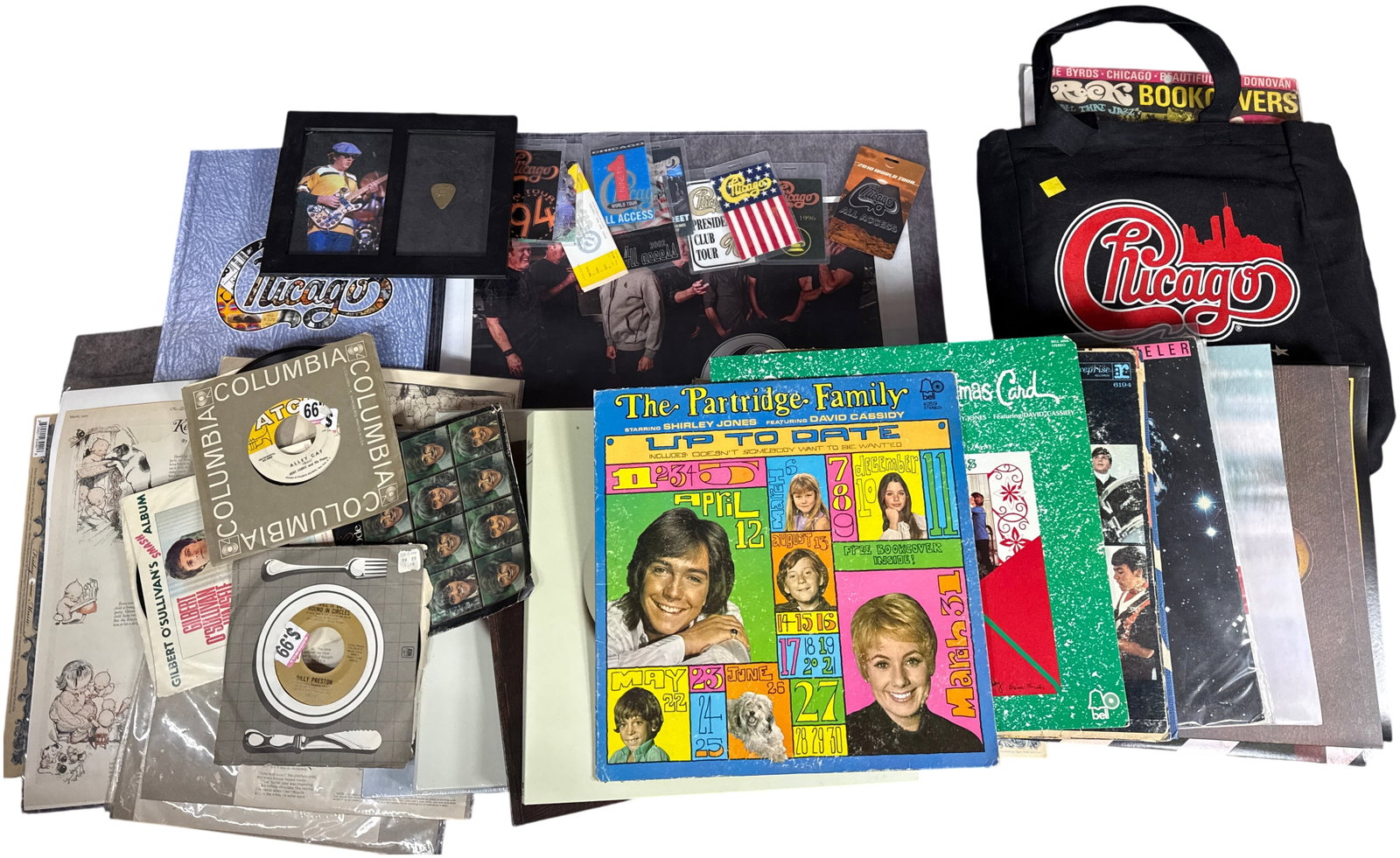 An Extensive Collection of Chicago Band Memorabilia, Vinyl Records, Tour Ephemera, and Vintage: This collection features a wide array of music and entertainment memorabilia, primarily centered on the rock band Chicago. Included is a large color promotional photograph signed in ink by members Lee
