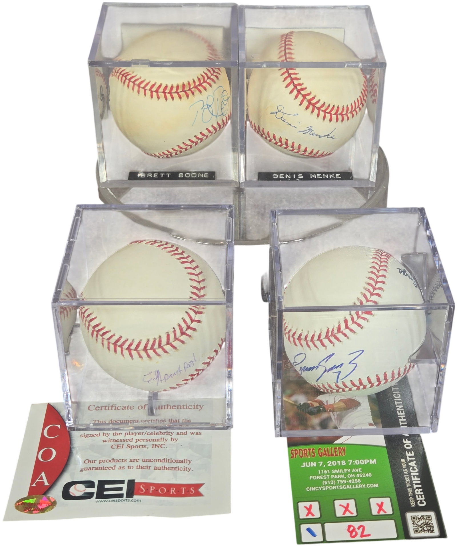A Collection of Autographed Cincinnati Reds Baseballs with Certificates of Authenticity: A collection of single-signed autographed baseballs, each signed by a former member of the Cincinnati Reds. Each baseball is housed in an individual clear acrylic stackable display cube. The collectio
