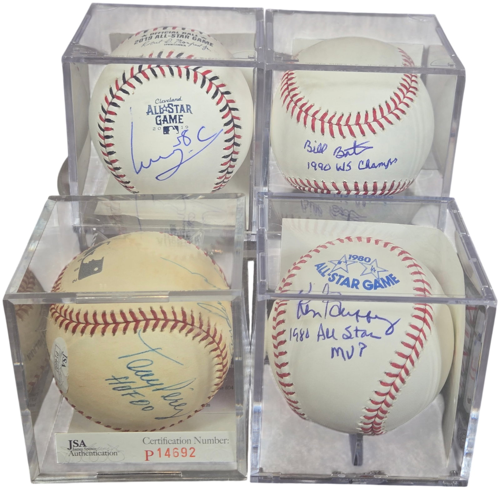 A Collection of Autographed Cincinnati Reds Baseball Memorabilia Including Sparky Anderson and Tony: A collection of autographed baseballs primarily featuring players and managers associated with the Cincinnati Reds franchise. The group includes An official 2019 Cleveland All-Star Game baseball signe