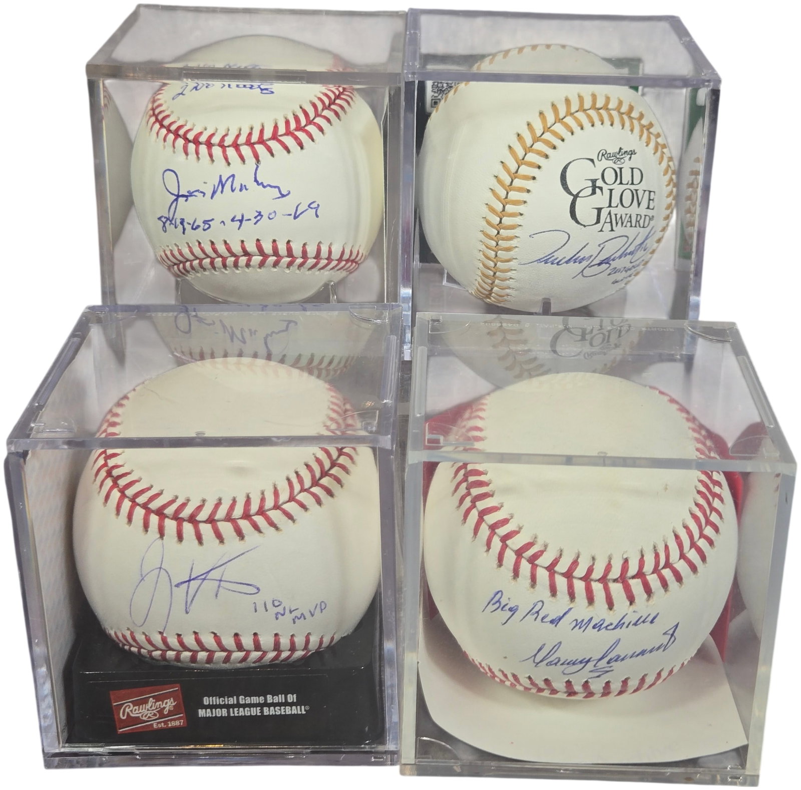A Group of Autographed Major League Baseball Memorabilia Including Barry Larkin and Tucker Barnhart: A group of autographed Major League Baseball memorabilia featuring several Rawlings baseballs in individual clear acrylic display cases. The collection includes a Barry Larkin signed Official Game Bal