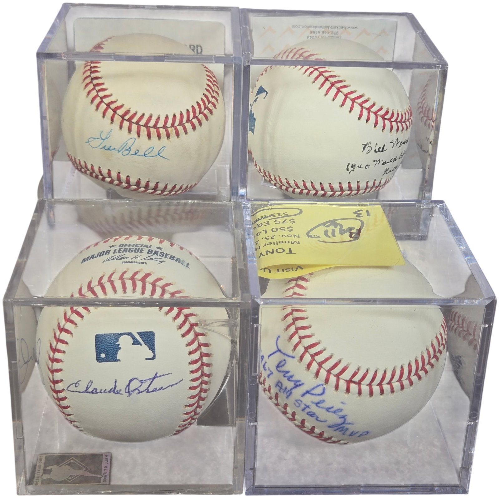 A Collection of Autographed Major League Baseballs Featuring Tony Perez and Cincinnati Reds Players: A collection of autographed Major League Baseballs primarily featuring players from the Cincinnati Reds organization. Each baseball is a regulation Official Major League Baseball housed in a clear pla