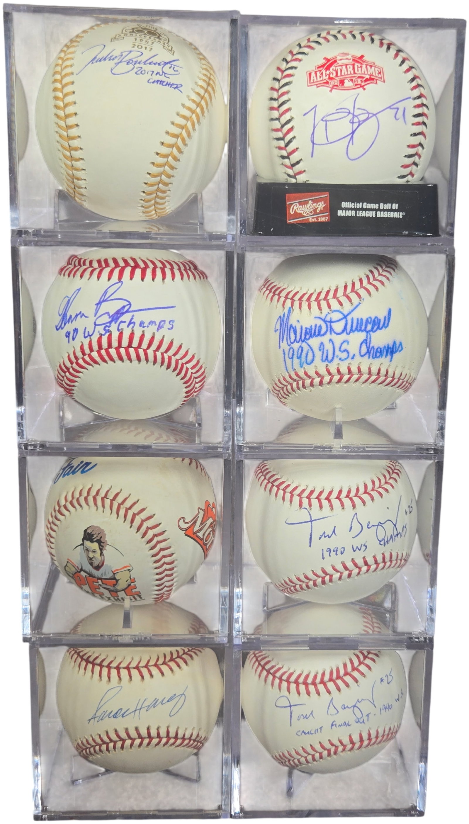 A Collection of Cincinnati Reds Autographed and Commemorative Baseballs: A collection of Major League Baseball memorabilia items primarily focused on the Cincinnati Reds. The lot consists of hand-signed baseballs and one commemorative serial-numbered ball. Each item is ind